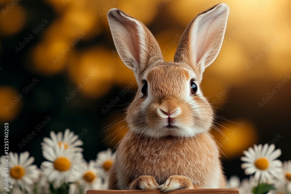 Adorable brown rabbit with large ears surrounded by daisies in a sunny meadow Adorable brown rabbit with large ears surrounded by daisies in a sunny meadow