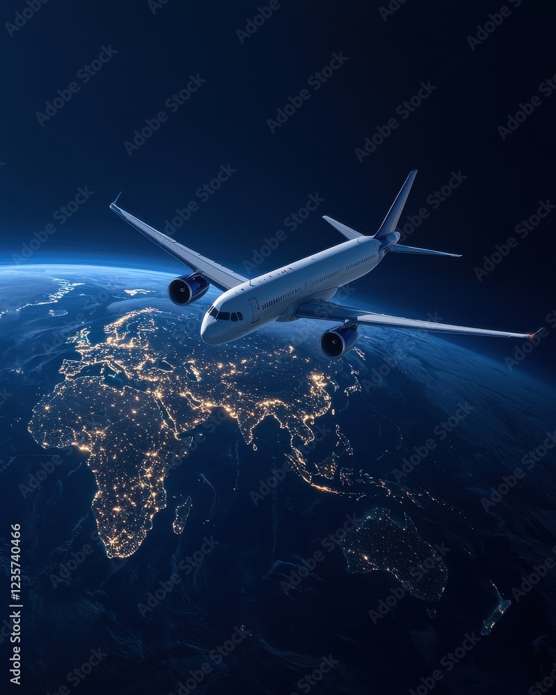 Naklejka premium A vibrant aerial view of a plane flying over a beautifully illuminated Earth, highlighting the continents and city lights at night.