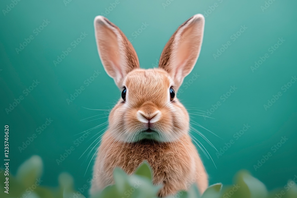 Obraz premium Cute rabbit with bright eyes against a soft green background in natural setting