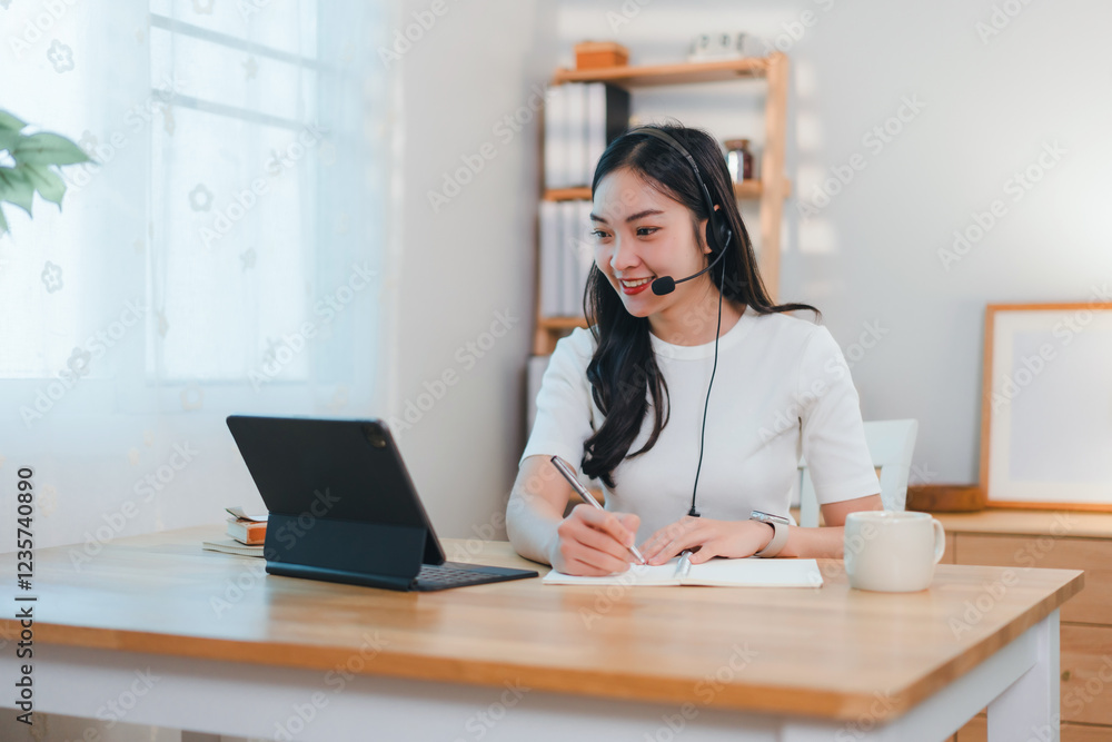 woman working remotely with headset, taking notes while using tablet in bright home office woman working remotely with headset, taking notes while using tablet in bright home office