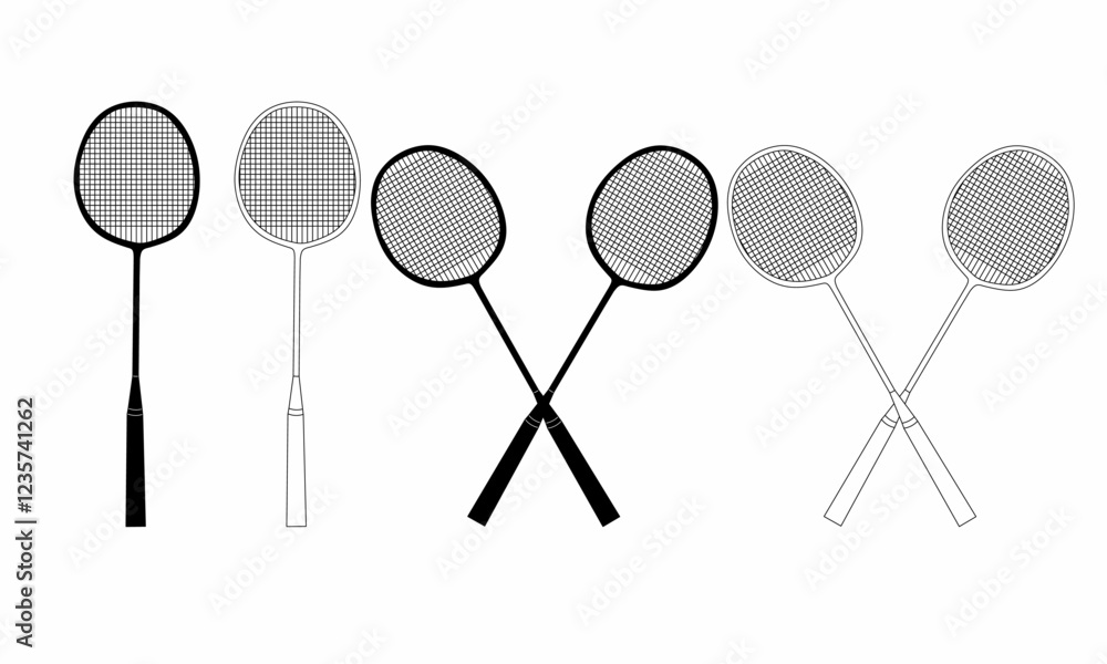 Set of badminton racket icons in black and white. Ideal for sports, fitness, badminton tournaments, club logos, and graphic design projects Set of badminton racket icons in black and white. Ideal for sports, fitness, badminton tournaments, club logos, and graphic design projects