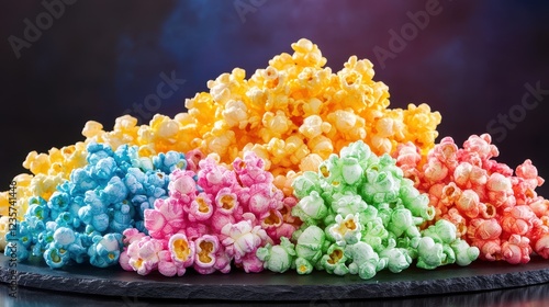 Artistic Arrangement of Multicolored Popcorn on Black Slate Board