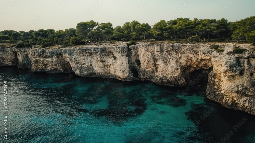 Coastal cliff aerial view, turquoise water, pine trees, summer Coastal cliff aerial view, turquoise water, pine trees, summer