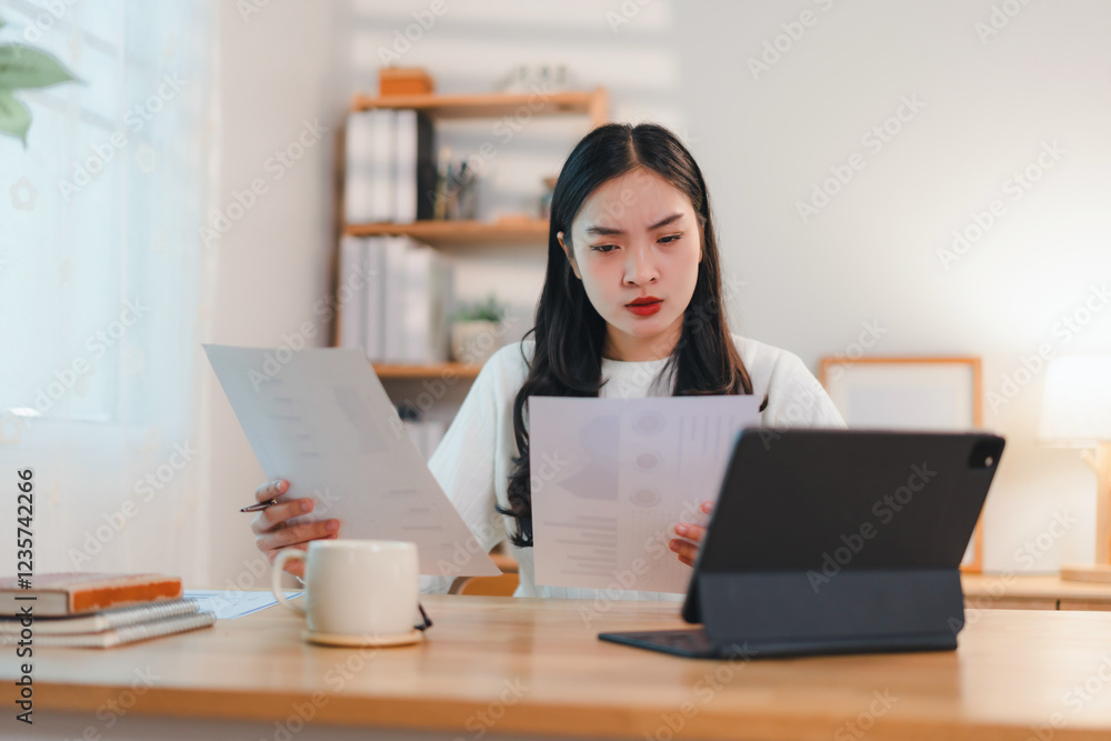 focused woman working at desk with documents and tablet in bright home office focused woman working at desk with documents and tablet in bright home office