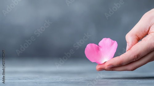 Wallpaper Mural Woman's hand holding pink rose petal, grey background, beauty, spa Torontodigital.ca