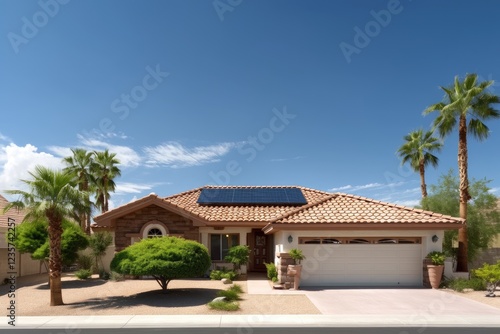 Desert Home with Solar Panels under Bright Blue Sky
