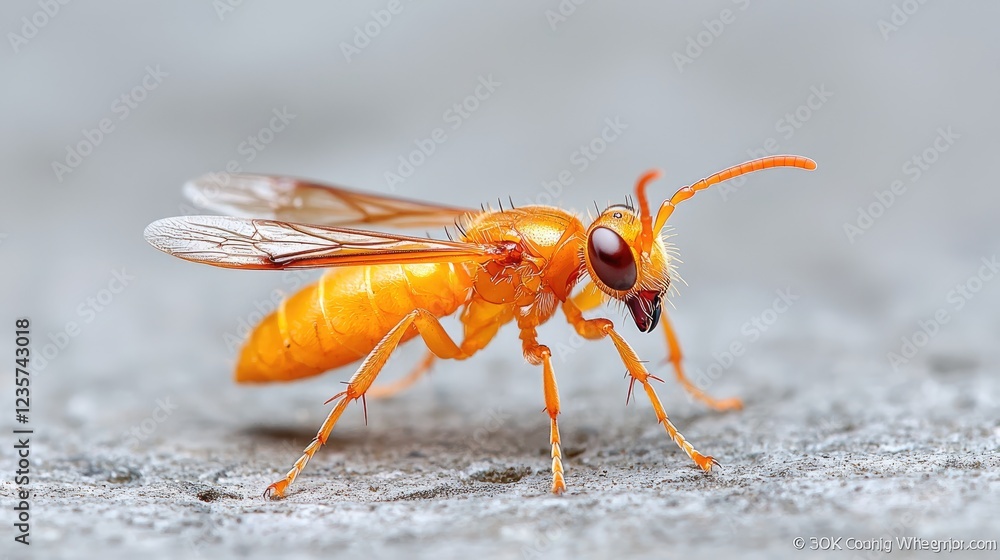 Fototapeta premium Orange wasp on grey stone, close-up macro