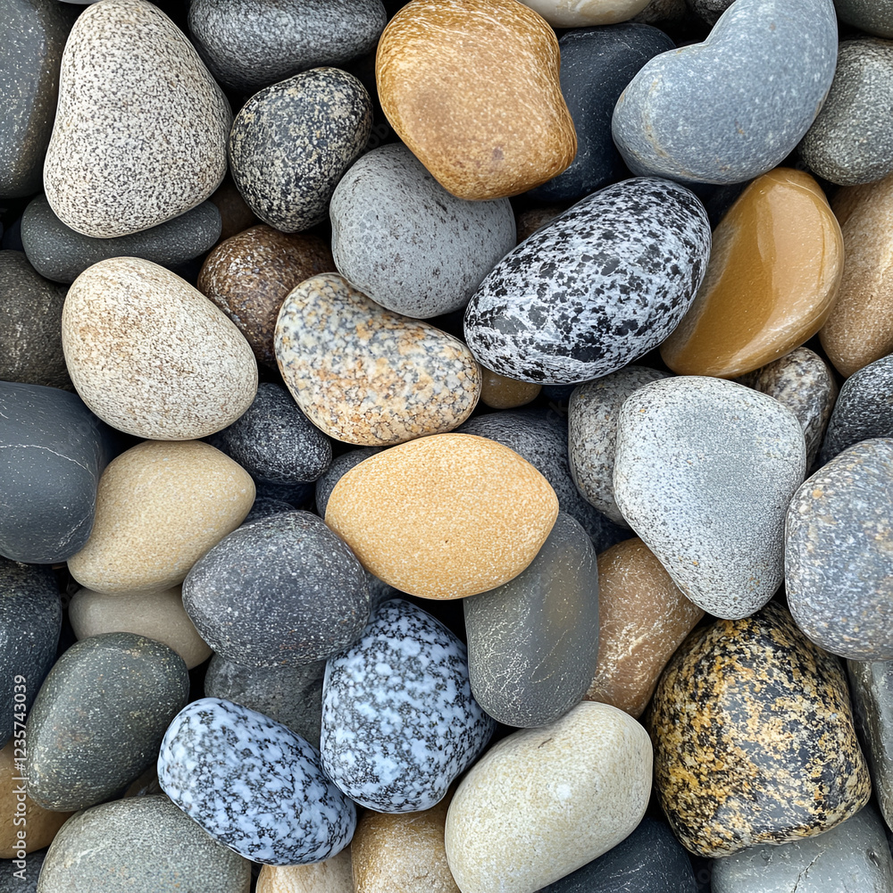 Smooth River Stones: A collection of smooth, polished river stones, showcasing a spectrum of earthy tones and natural patterns, perfect for meditation or home decor. Smooth River Stones: A collection of smooth, polished river stones, showcasing a spectrum of earthy tones and natural patterns, perfect for meditation or home decor.