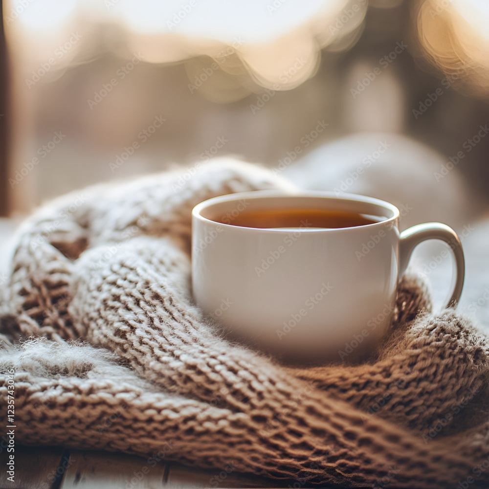 Cozy Autumn Morning: A steaming cup of tea nestled in a warm knit sweater, bathed in the soft light of a sunlit window, evokes feelings of comfort, tranquility, and warmth. Cozy Autumn Morning: A steaming cup of tea nestled in a warm knit sweater, bathed in the soft light of a sunlit window, evokes feelings of comfort, tranquility, and warmth.