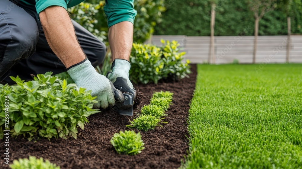 Close-Up of Gardener Pruning Plants with Gardening Tools in a Lush Green Landscape Close-Up of Gardener Pruning Plants with Gardening Tools in a Lush Green Landscape