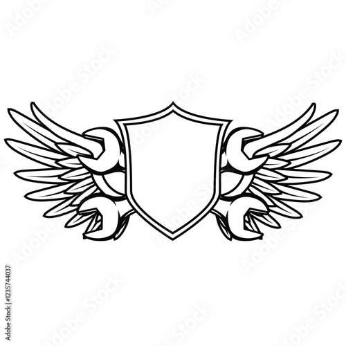 Shield wing and crossed ratchet wrench emblem vector illustration. Black and white 