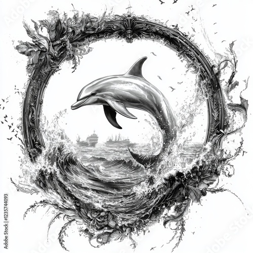 Wallpaper Mural Elegant dolphin leaping through ornate frame amidst crashing waves and distant ships in a monochrome illustration Torontodigital.ca