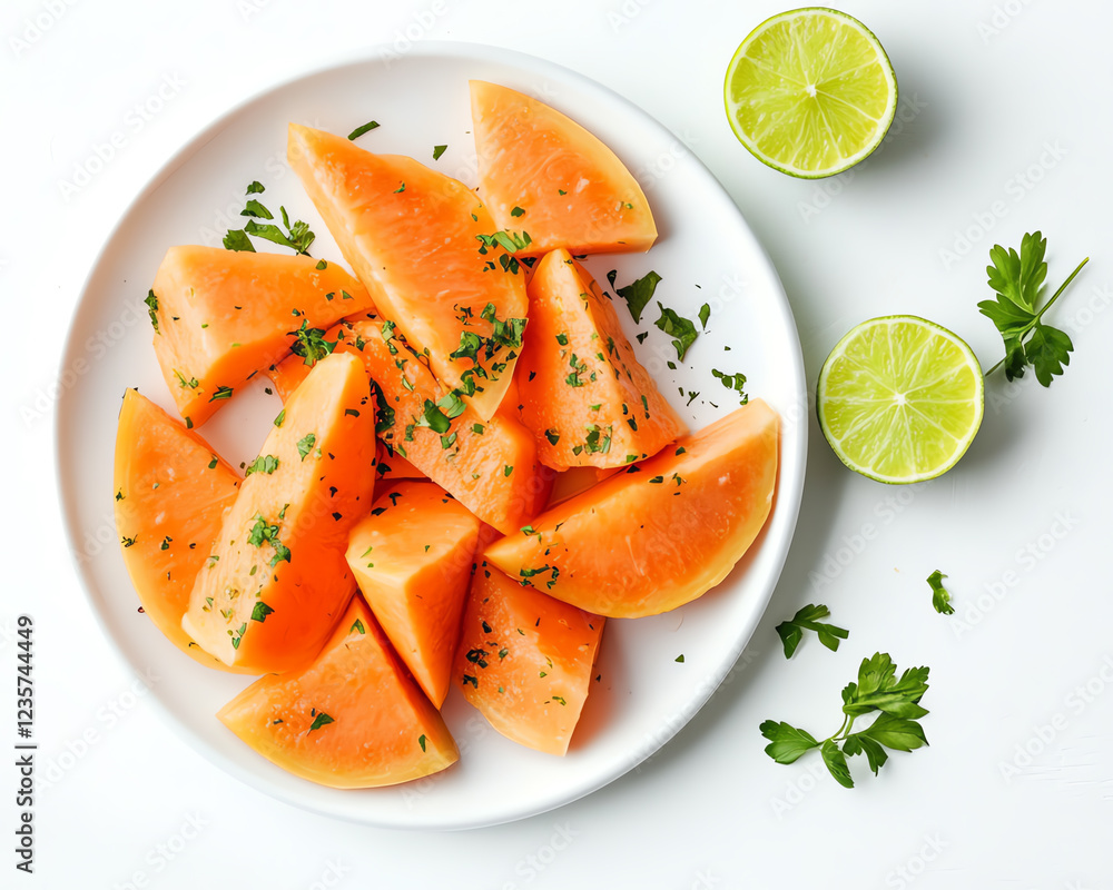 Freshly cut melon slices garnished with parsley and lime on a white plate, perfect for a healthy snack. Freshly cut melon slices garnished with parsley and lime on a white plate, perfect for a healthy snack.
