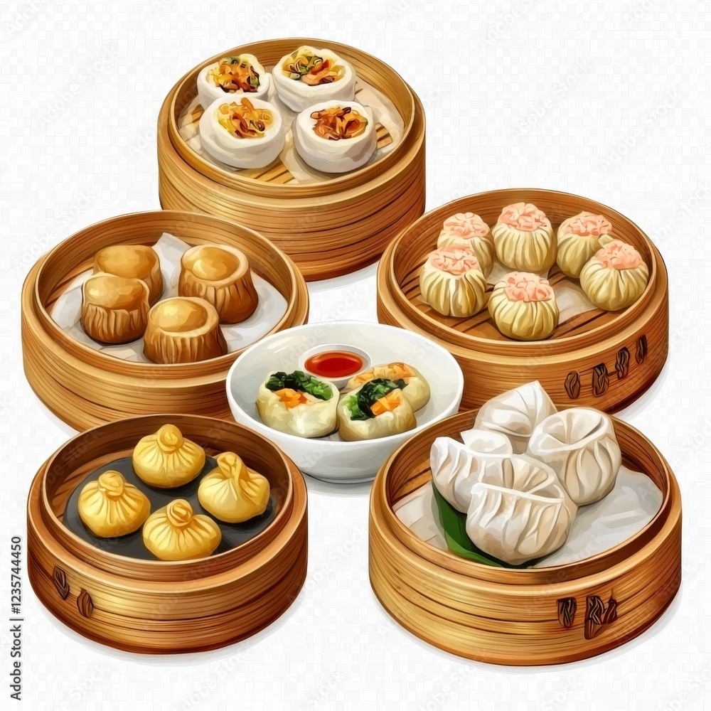 Assorted Steamed Dumplings in Bamboo Baskets with Dipping Sauce on a White Background Assorted Steamed Dumplings in Bamboo Baskets with Dipping Sauce on a White Background
