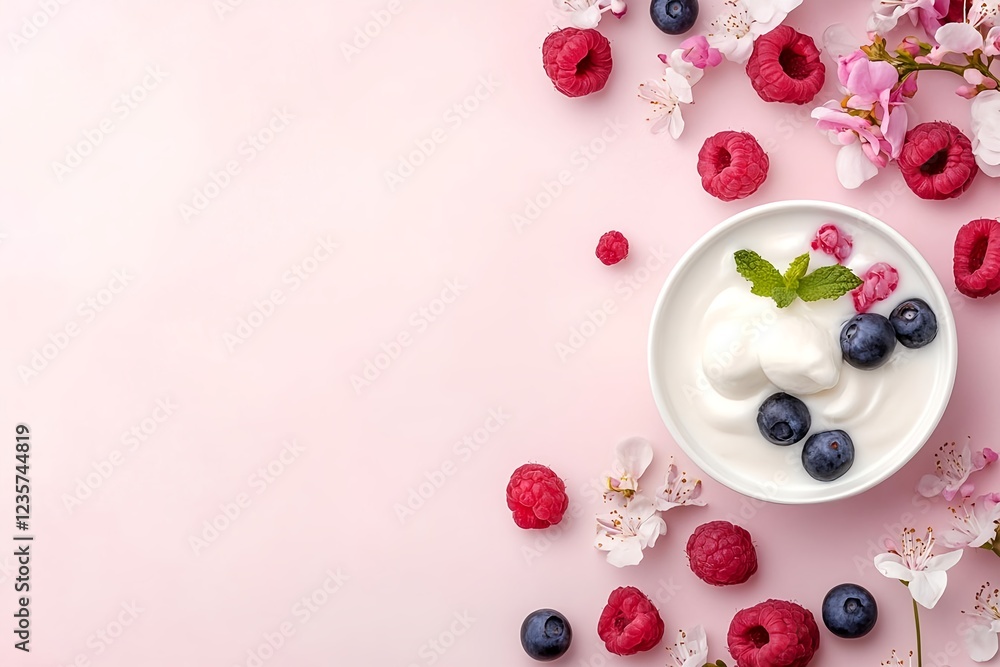 Delightful berry yogurt bowl with fresh raspberries and blueberries, garnished with mint. Delightful berry yogurt bowl with fresh raspberries and blueberries, garnished with mint.