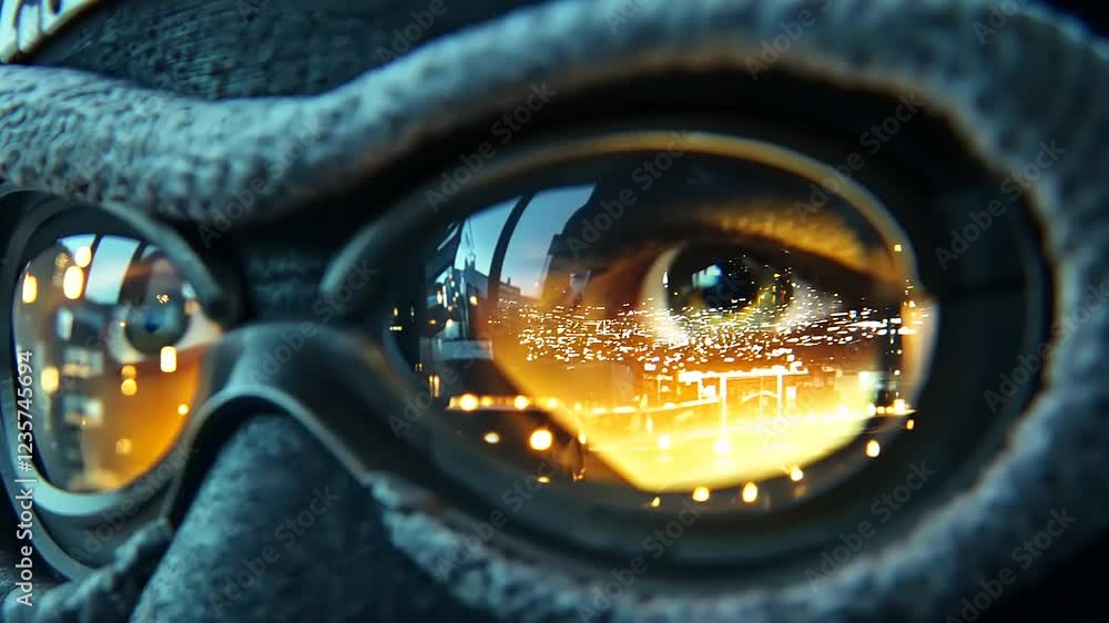 Close-up of an eye reflected in goggles, city lights visible. Close-up of an eye reflected in goggles, city lights visible.