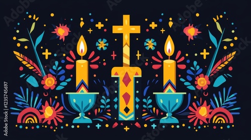 Candles and flowers with colorful crosses
