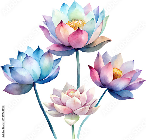colorful lotus portrait flower leave watercolor painting illustration png no background