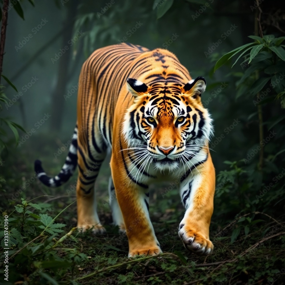 A tiger walks in a forest against a dark and misty background. The tiger has orange fur with striking black stripes. A tiger walks in a forest against a dark and misty background. The tiger has orange fur with striking black stripes.