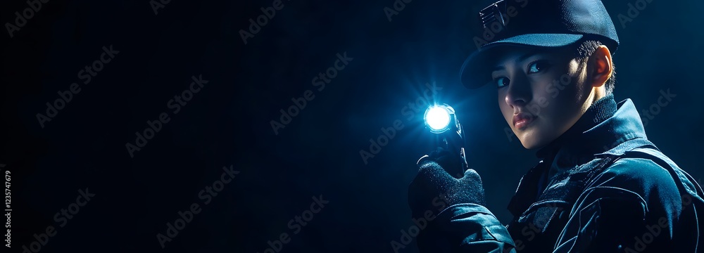 A person in a security uniform, holding a flashlight, with a simple backdrop for text A person in a security uniform, holding a flashlight, with a simple backdrop for text