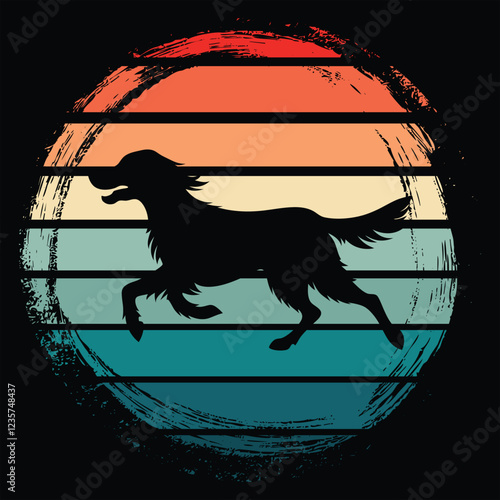 English Setter Silhouette with Retro Sunset Vector
