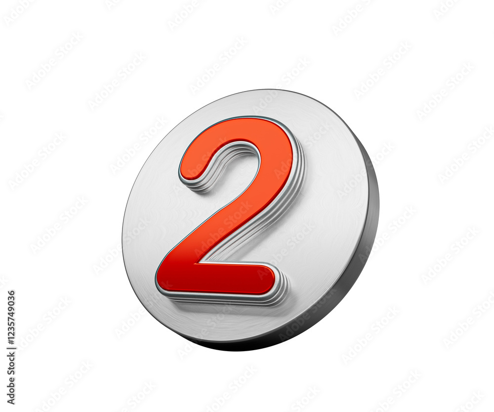 Vibrant Red Number Two 2 On A Metallic Silver Disc Icon 3D Illustration Vibrant Red Number Two 2 On A Metallic Silver Disc Icon 3D Illustration