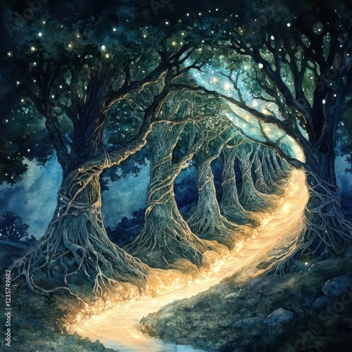 Wallpaper Mural A mystical forest bathed in the ethereal light of a comets tail, its ancient trees intertwined with shimmering vines, depicted in a mesmerizing watercolor style Torontodigital.ca