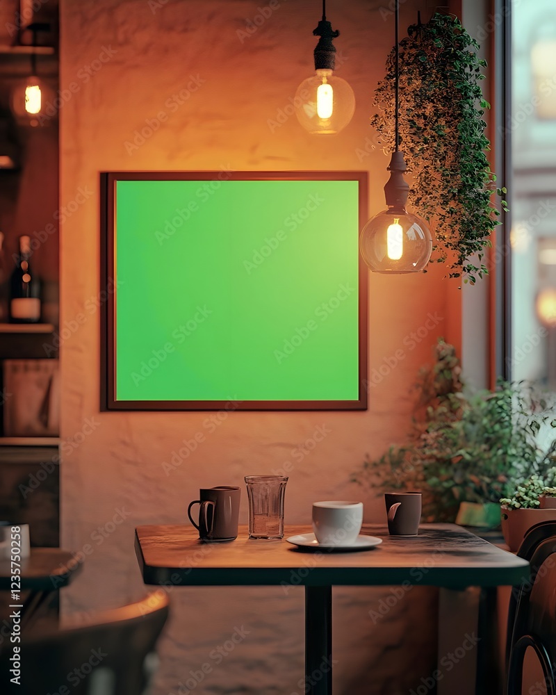 A cozy caf? setting with a green board for displaying information or art. A cozy caf? setting with a green board for displaying information or art.