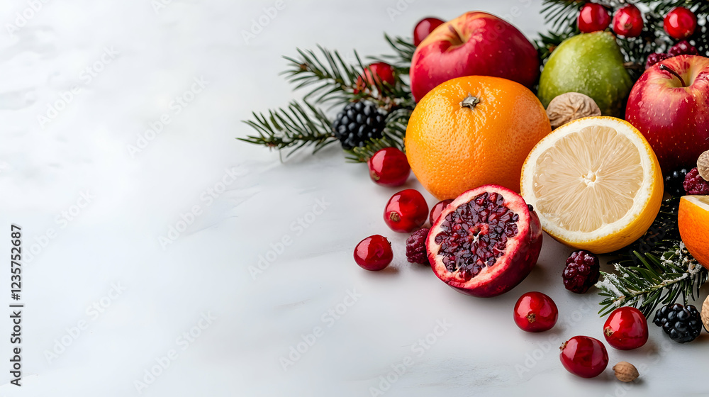 Festive fruit arrangement, winter holiday, table setting, healthy food, recipe inspiration Festive fruit arrangement, winter holiday, table setting, healthy food, recipe inspiration