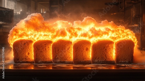 Loaves of bread lined up with flames erupting behind them in a kitchen setting