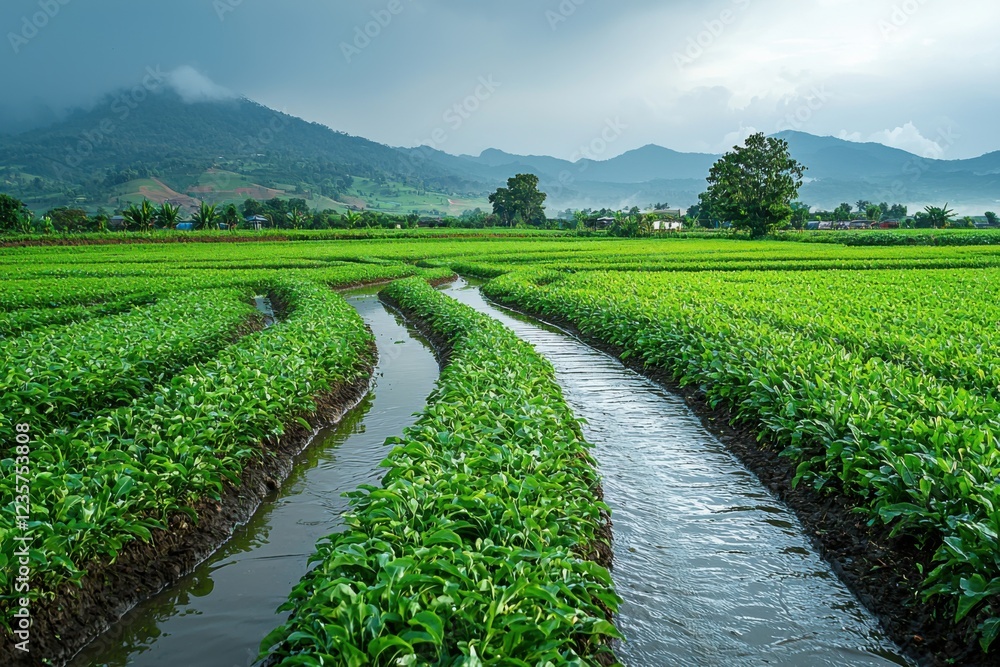 Naklejka premium Rainwater harvesting on a serene farm landscape rural area nature