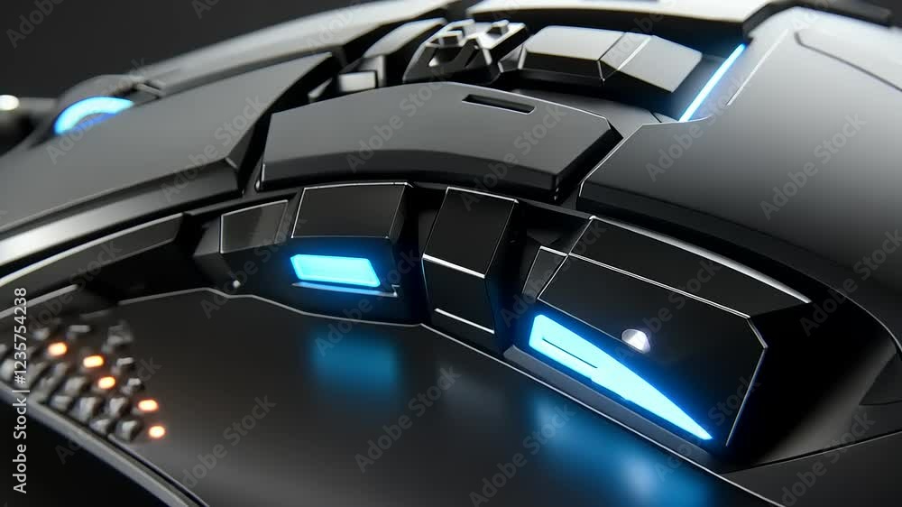 Close-up of a futuristic, black gaming mouse with illuminated details. Close-up of a futuristic, black gaming mouse with illuminated details.
