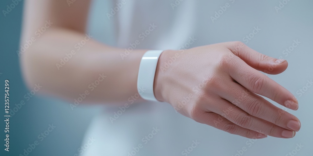 Elegant Hand with White Bracelet on Soft Blue Background Elegant Hand with White Bracelet on Soft Blue Background
