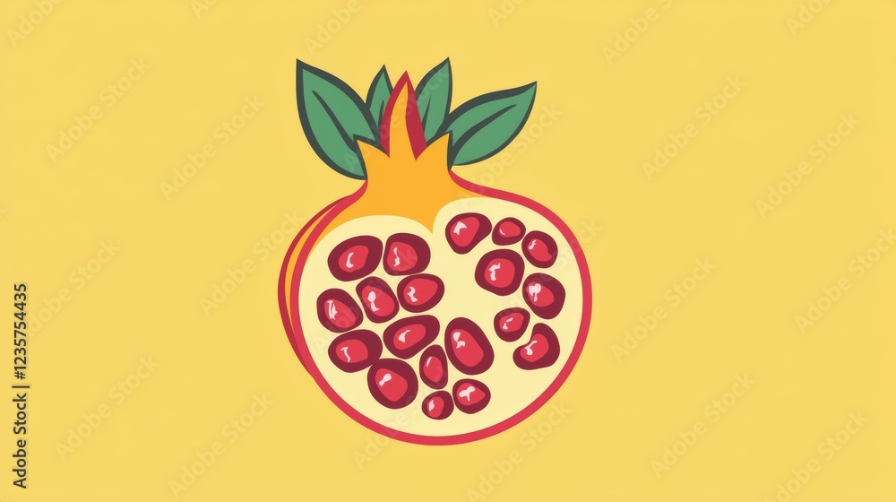 Illustration of a pomegranate showcasing its juicy seeds against a bright yellow background. Generative AI Illustration of a pomegranate showcasing its juicy seeds against a bright yellow background. Generative AI