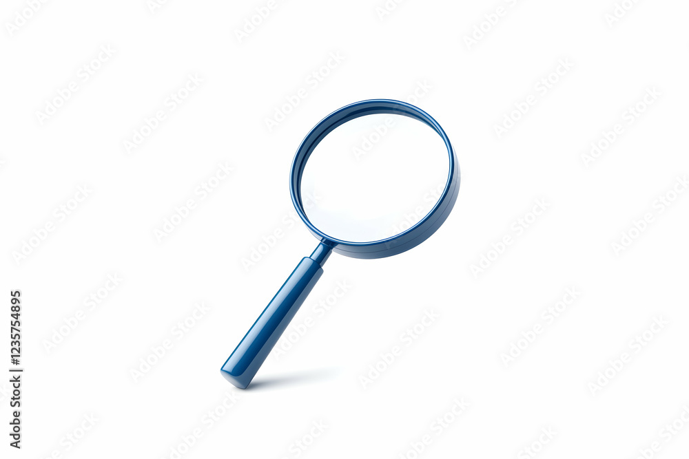 A blue magnifying glass isolated on a white background. This image represents search, inquiry, and exploration, perfect for themes related to research and analysis in business. A blue magnifying glass isolated on a white background. This image represents search, inquiry, and exploration, perfect for themes related to research and analysis in business.