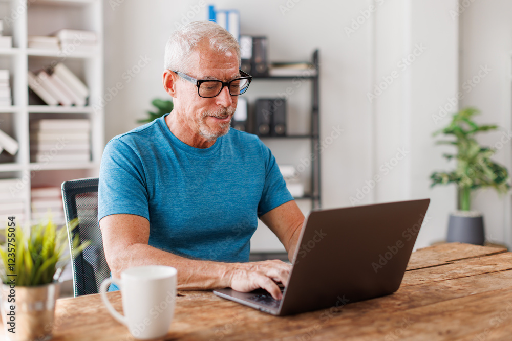 Senior, man and happy with portrait, Businessman using laptop computer in office. Happy middle aged man, entrepreneur, small business owner working online. Senior, man and happy with portrait, Businessman using laptop computer in office. Happy middle aged man, entrepreneur, small business owner working online.