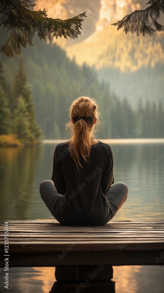 Relaxing woman meditating by serene lake surrounded by trees at sunset Relaxing woman meditating by serene lake surrounded by trees at sunset