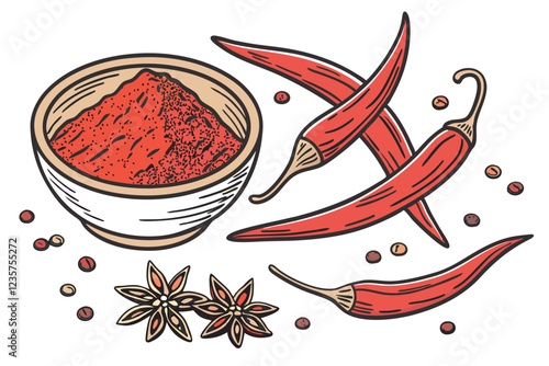  Vibrant red chili peppers, Wooden bowl of cayenne powder, Scattered spicy paprika, Explosive spice arrangement, White background, Top-down view, High contrast, Food photography, Culinary ingredients,