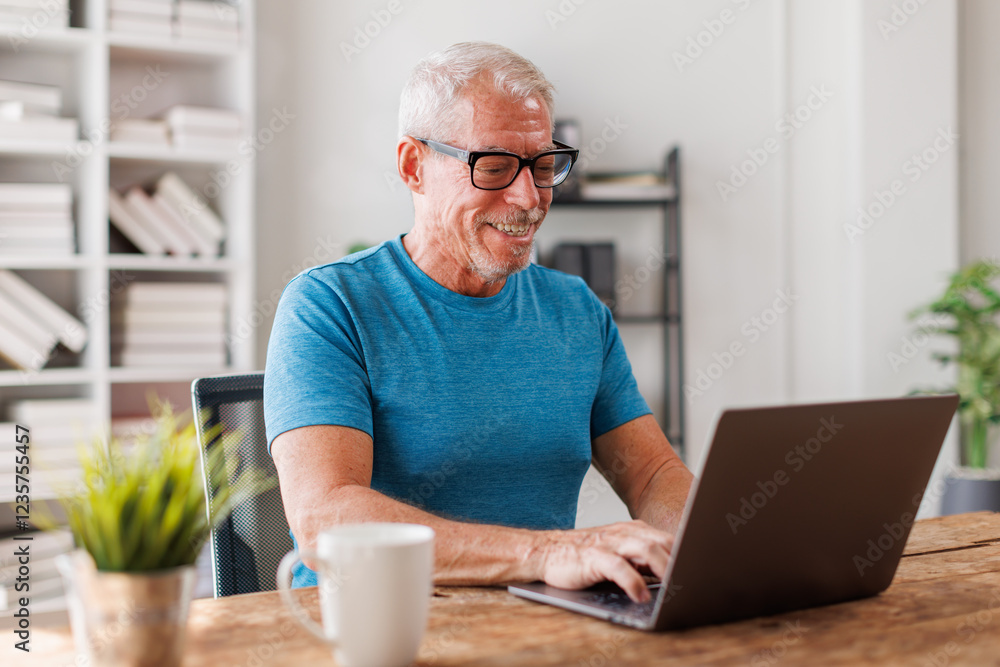 Senior, man and happy with portrait, Businessman using laptop computer in office. Happy middle aged man, entrepreneur, small business owner working online. Senior, man and happy with portrait, Businessman using laptop computer in office. Happy middle aged man, entrepreneur, small business owner working online.
