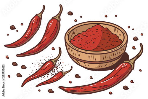  Vibrant red chili peppers, Wooden bowl of cayenne powder, Scattered spicy paprika, Explosive spice arrangement, White background, Top-down view, High contrast, Food photography, Culinary ingredients,
