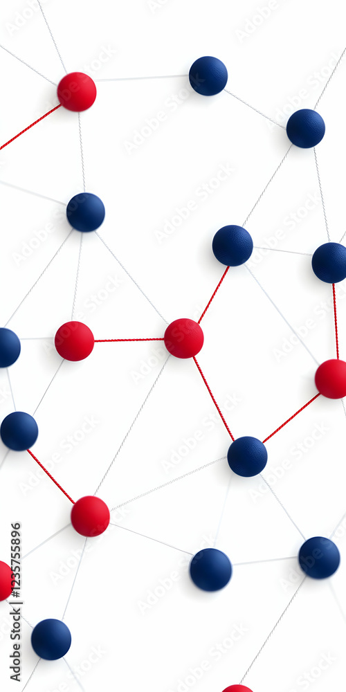 A vibrant abstract representation of connection and interaction, showcasing red and blue nodes linked by white lines, symbolizing networks and technological relationships.