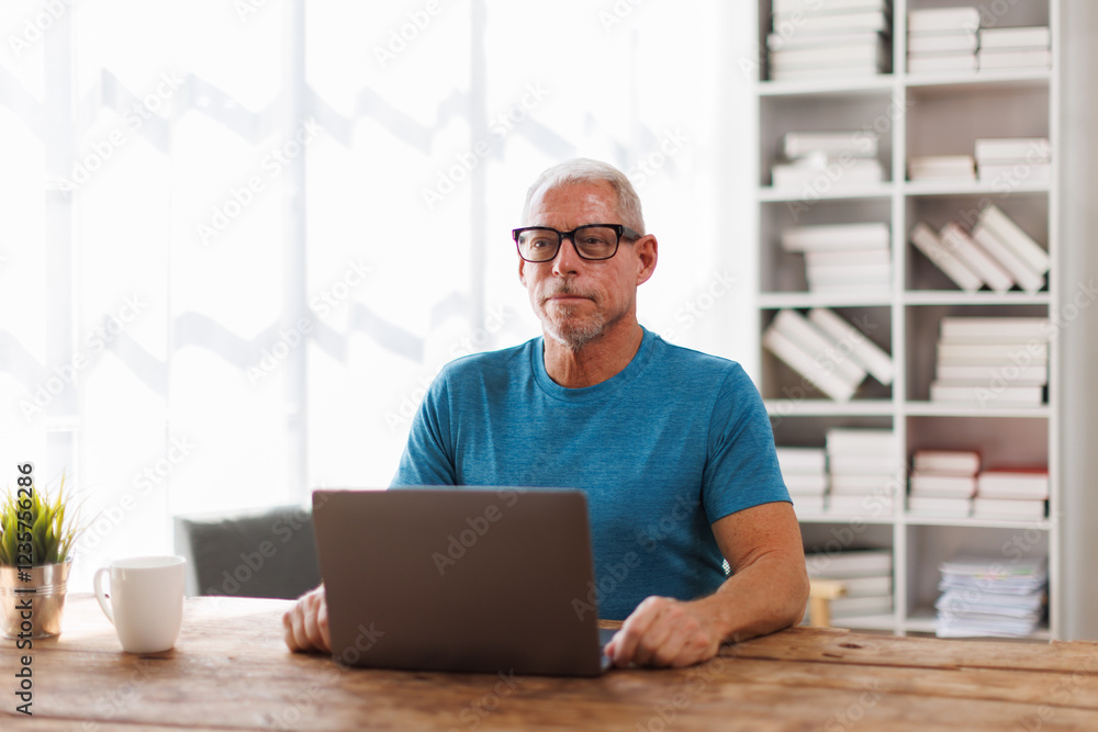 Senior, man and happy with portrait, Businessman using laptop computer in office. Happy middle aged man, entrepreneur, small business owner working online. Senior, man and happy with portrait, Businessman using laptop computer in office. Happy middle aged man, entrepreneur, small business owner working online.
