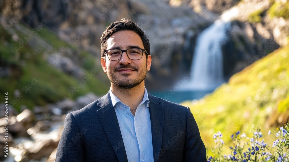 Man, suit, waterfall, nature, portrait, professional, outdoors, serene Man, suit, waterfall, nature, portrait, professional, outdoors, serene