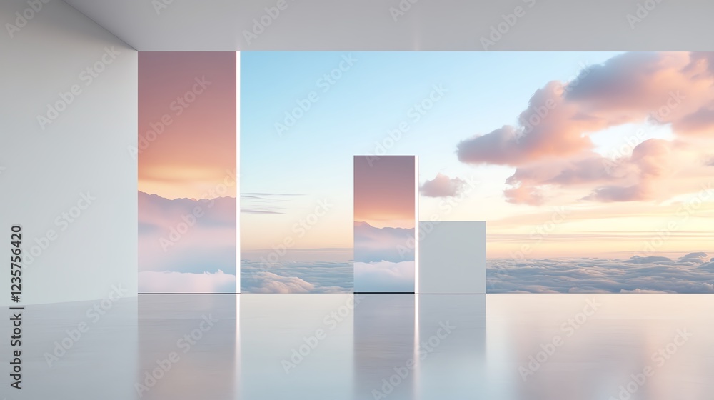 Fototapeta premium Modern gallery interior with panoramic dreamy sky views creating a serene and artistic atmosphere.