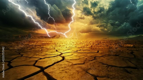 Dramatic storm clouds and lightning over a cracked, dry landscape at sunset
