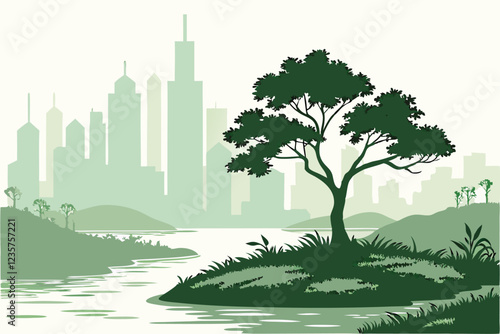  Futuristic city skyline, lush green island, lone tree, reflective water, misty atmosphere, environmental contrast, urban vs nature, sustainability concept, surreal landscape, digital art, high detail