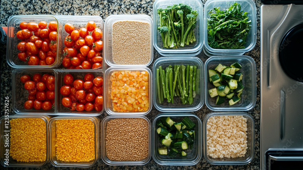 Organized Healthy Meal Prep Containers Fresh Vegetables Quinoa Red Food Diet Green Plant Grains Organized Healthy Meal Prep Containers Fresh Vegetables Quinoa Red Food Diet Green Plant Grains
