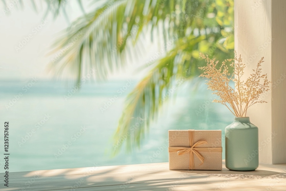 Obraz premium Showcasing beachfront products relaxed ecommerce gift subscriptions