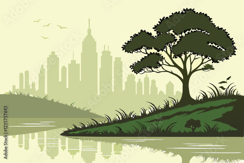  Futuristic city skyline, lush green island, lone tree, reflective water, misty atmosphere, environmental contrast, urban vs nature, sustainability concept, surreal landscape, digital art, high detail