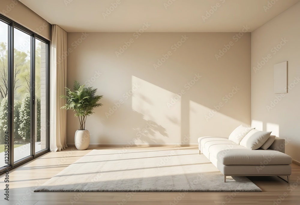 Fototapeta premium Modern minimalist living room with beige walls and sunlight